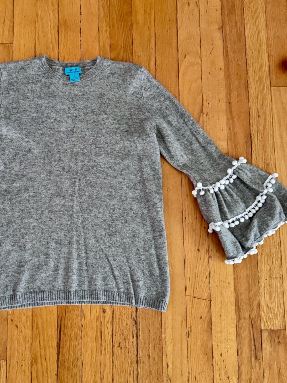 Two Bees Wool & Cashmere Grey Bell Sleeve Pom-Pom Tassel Sweater